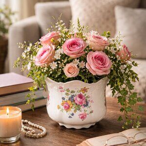 Vintage Royal Castle Bone China Floral Planter Vase Scalloped Rim Porcelain Pot